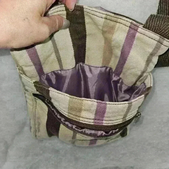 Thirty One Crossbody Canvas Purple Tan Brown Purple Stripe Multiple Pockets - Picture 6 of 10